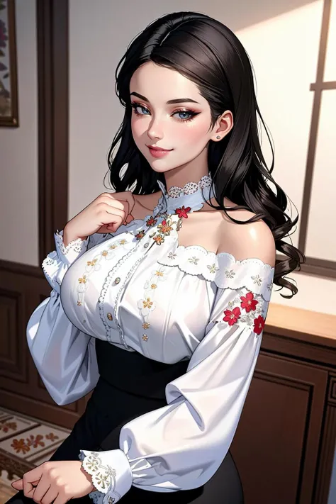 high quality, 最high quality, photo-Realistic, RAW Photos, Realistic, ultra Realistic 8k cg, Very detailed, High resolution, masterpiece, One girl, Long Hair, Black Hair, Iris, spread, Intricate details, Detailed Texture, In detail, Huge breasts, super mini skirt, plump, gorgeous ornaments, embroidery