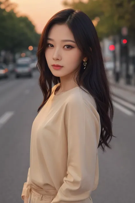 giselle1 a woman, (realistic), (hyperrealism), (photorealistic), depth of field, adult, (upper body:1.2), (narrow waist), eye makeup, looking at the viewer, posing for a photo, longsleeves, golden hour, sunset, at the street, trees, <lora:httpgiselle:1:lbw=FACES>