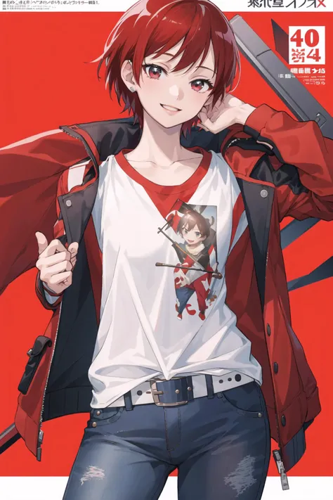 masterpiece, best quality, 1girl, solo, cowboy shot, realistic, KenjouAkira. Akira's jacket, red t-shirt, open jacket, belt, belt buckle, jeans, looking at viewer, dynamic pose, 4k, absurdres, smile, dynamic, ultra detailed, dynamic, striped background, magazine cover page, <lora:CureChoco-nai:0.7>,