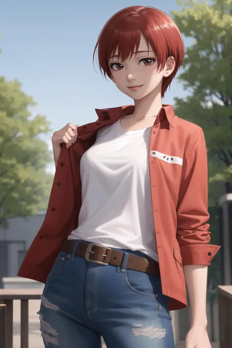 masterpiece, best quality, 1girl, solo, cowboy shot, realistic, KenjouAkira. Akira's jacket, red t-shirt, open jacket, belt, belt buckle, jeans, looking at viewer, dynamic pose, 4k, absurdres, smile, dynamic, ultra detailed, dynamic, striped background, outdoors, <lora:CureChoco-nai:0.8>,