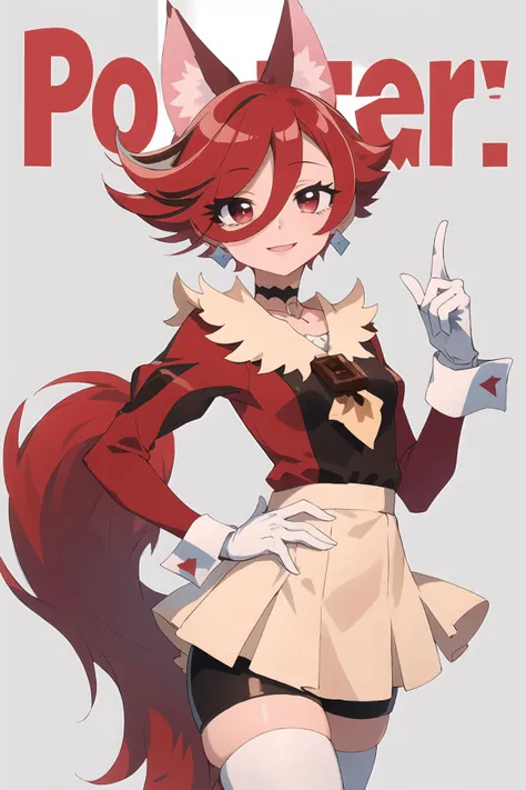 masterpiece, best quality, 1girl, solo, cowboy shot, realistic, CureChocolat, CureChocolat's drop earrings, CureChocolat's short dress, CureChocolat's gloves, CureChocolat's choker, red bike shorts, white thighhighs, wolf tail, w arms, looking at viewer, dynamic pose, 4k, absurdres, smile, dynamic, ultra detailed, dynamic, striped background, magazine cover page, <lora:CureChoco-nai:0.8>,