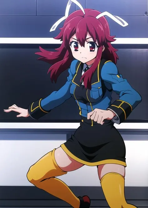 masterpiece, absurdres, best quality,
plug_crostat, 1girl, solo, red hair, red eyes, animal ears, long hair, dynamic pose, school uniform, skirt, thighhighs, zettai ryouiki, <lora:plug_crostat:.7> <lora:kyockcho:.6>