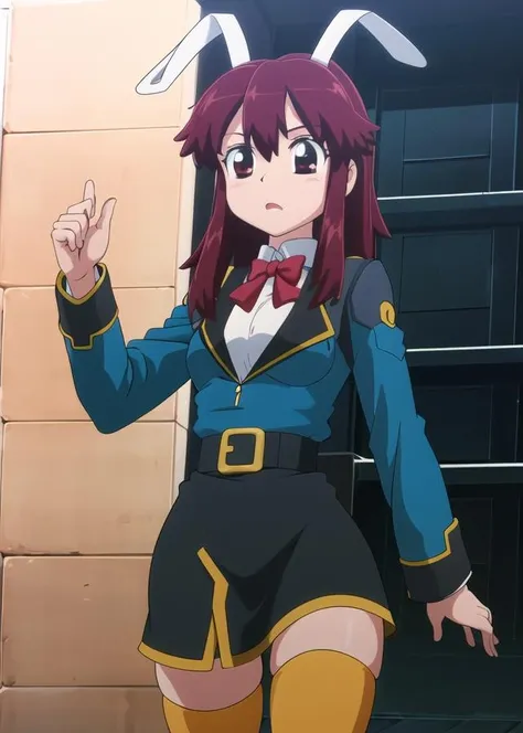 masterpiece, absurdres, best quality,
plug_crostat, 1girl, solo, red hair, red eyes, animal ears, long hair, dynamic pose, school uniform, skirt, thighhighs, zettai ryouiki, <lora:plug_crostat:.8> <lora:ghibli_style_offset:.5>