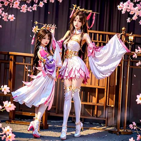 <lora:chilloutmixss3.0:0.5>,<lora:4:0.7>,pink skirt, diaochan, petal skirt, wide sleeves,1girl, solo, long hair, high heels, brown hair, thighhighs, dress, detached sleeves, flower, realistic, brown eyes, hair ornament, bare shoulders, wide sleeves, flower hairpin