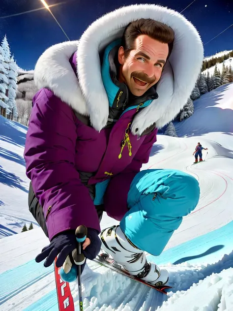 modelshoot style, masterpiece, sharp focus, a picture of sp-nz, on a ski slope, age 39, looking elated, wearing a puffy coat and puffy snow pants, lights swirling overhead, 5 o'clock shadow, nikon, 100mm, <lora:epiNoiseoffset_v2:1> <lora:sp-nz_soup-nazi-9:1>