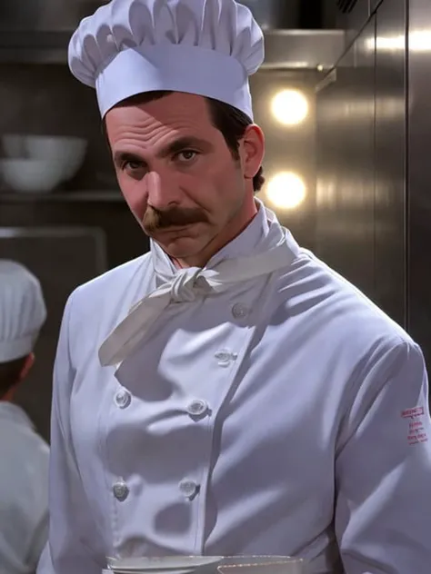 modelshoot style, masterpiece, sharp focus, a picture of sp-nz, in a chefs uniform and chef hat, standing in a kitchen, 5 o'clock shadow, stubble, age 43, nikon, 100mm, <lora:epiNoiseoffset_v2:1> <lora:sp-nz_soup-nazi-9:0.8>