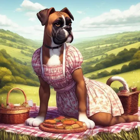cat 1girl, dress, basket, solo, furry, dog, picnic basket, outdoors, furry female, breasts, day, picnic, brown eyes, sky, holding, animal ears, floral print, tree, grass, cloud, dog ears, food, blue sky, <lora:Boxer_Anthro-ZZZ:1> Boxer_Anthro