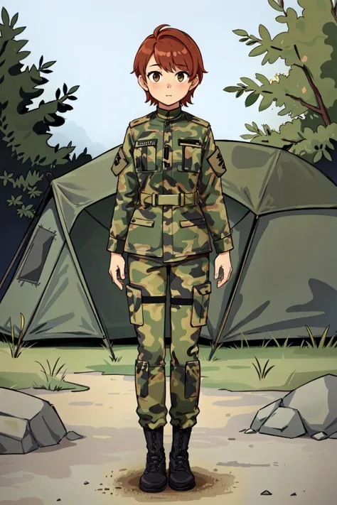 1girl,(cinnamon colored hair),very short hair,pixie cut,standing,full body,military uniform,czechmlok,in forest clearing,(tents), <lora:czechmlok1:0.8>