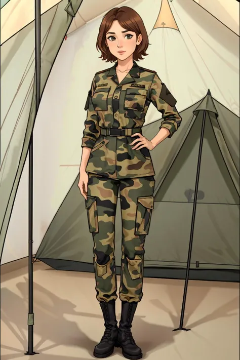 a hungarian woman,short hair,cinnamon colored hair,wearing military uniform,full body,standing,czechmlok, <lora:czechmlok1:0.8>,(in canvas tent,indoors:1.2), <lora:LORA-XenoDetailer-v2:0.1>