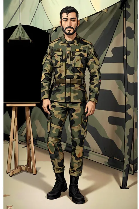 a turkish man,short hair,coal black colored hair,wearing military uniform,full body,standing,czechmlok, <lora:czechmlok1:0.8>,(in canvas tent,indoors:1.2), <lora:LORA-XenoDetailer-v2:0.1>