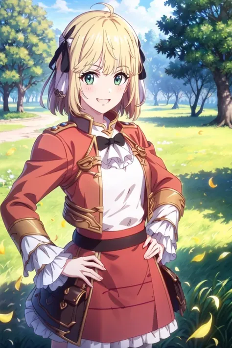 masterpiece, (best quality:1.4), photorealistic, best illustration, best shadow, (beautiful detailed:1.4), finely detailed, (dramatic light:0.6), HDR, ray-tracing, intricate details, 1girl, solo, upper body, cowboy shot, outdoor oak tree, green leaf, tree trunk, detailed scenery, BREAK, (anisphia2:1.3), standing, high-waist skirt, white shirt, ribbon, grin, peace sign, hand on hip, ((reaching towards viewer)), foreshortening, cropped jacket
