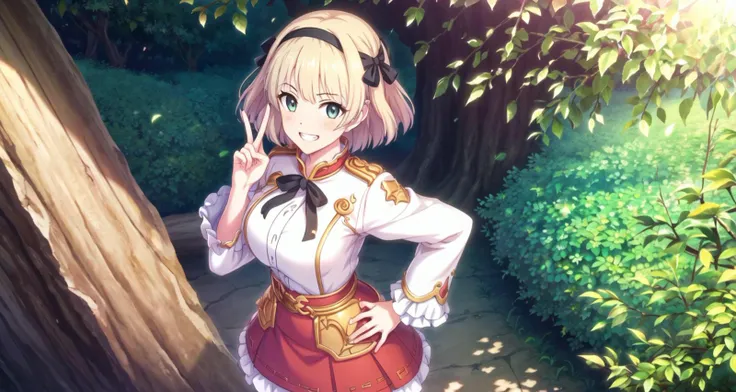 masterpiece, (best quality:1.4), photorealistic, best illustration, best shadow, (beautiful detailed:1.4), finely detailed, (dramatic light:0.6), HDR, ray-tracing, intricate details, 1girl, solo, (anisphia2:1.22), standing, upper body, cowboy shot, outdoor oak tree, green leaf, tree trunk, detailed scenery, puffy sleeves, red skirt, white shirt, ((black ribbon)), grin, peace sign, hand on hip