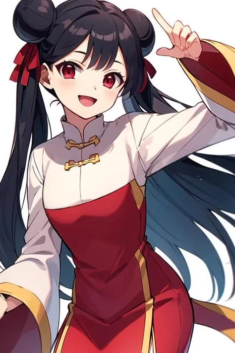 masterpiece, best quality, <lora:meiling_scc:0.7> meiling_scc, 1girl, solo, long hair, black hair, looking at viewer, smile, open mouth, bangs, red eyes, twintails, hair ribbon, double bun, red dress, white dress, chinese clothes, long sleeves, wide sleeves, jingle bell