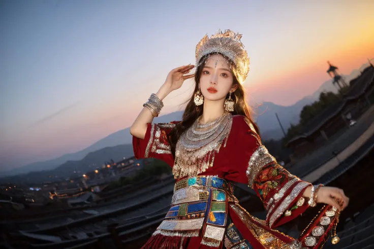 miaoyuansu, sky, dusk, sunlight, (from below, motion blur, fisheye, dancing),crowd,
(masterpiece, top quality, best quality, official art, beautiful and aesthetic:1.2), cinematic light, Dynamic Angle, cinematic angle,Perspective, High Point, high resolution,unity 8k wallpaper, highest detailed,wonder,outline,intricate details,((wallpaper)),photorealistic, realistic,
1girl, solo, skinny,
looking at viewer, horn ornament, hair ornament, headgear, headwear, long hair, hat, earrings, necklace, bracelet, jewelry, gem, colorful, Miao Silver Phoenix Crown,Super complex headwear,Complex headwear,Complex jewelry,Round Silver Necklace, , <lora:miaoyuansu-000010:0.95>
Miao girl dancing gracefully in the enchanting light of the setting sun, adorned in a traditional Miao outfit with meticulous silver headdress featuring intricate handcrafted patterns, vibrant and elaborately embroidered clothing, an array of ornate jewelry adorned with silver coins