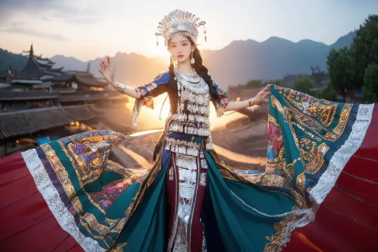 miaoyuansu, sky, dusk, (from below, motion blur, fisheye,dancing:1.3),
(masterpiece, top quality, best quality, official art, beautiful and aesthetic:1.2), cinematic light, Dynamic Angle, cinematic angle,Perspective, High Point, high resolution,unity 8k wallpaper, highest detailed,wonder,outline,intricate details,((wallpaper)),photorealistic, realistic,
1girl, solo, skinny,
looking at viewer, horn ornament, hair ornament, hair ribbon, headgear, headwear, long hair, braid, hat, earrings, necklace, bracelet, jewelry, tassel, gem, colorful, Miao Silver Phoenix Crown,Miao ethnic clothing,Super complex headwear,Complex headwear,Complex jewelry,Round Silver Necklace, dream like, <lora:åç:0.2> <lora:HmongCostume_HmongHorns:0.4> <lora:miaoyuansu-000009:0.6> <lora:MengX_girl_Mix_V40:0.4>
Miao girl dancing gracefully in the enchanting light of the setting sun, adorned in a traditional Miao outfit with meticulous silver headdress featuring intricate handcrafted patterns, vibrant and elaborately embroidered clothing, an array of ornate jewelry adorned with silver coins
<lora:epiNoiseoffset_v2:0.3> <lora:neg4all_bdsqlsz_V3.5:0.3>