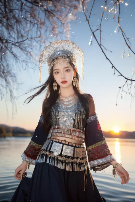 miaoyuansu, sky, dusk, sunlight, fireworks, particles, crystal, water drop, rainbow, wind, glowing, (from below, motion blur, fisheye, dancing),
(masterpiece, top quality, best quality, official art, beautiful and aesthetic:1.2), cinematic light, Dynamic Angle, cinematic angle,Perspective, High Point, high resolution,unity 8k wallpaper, highest detailed,wonder,outline,intricate details,((wallpaper)),photorealistic, realistic,
1girl, solo, skinny, (black clothes:1.3)
looking at viewer, horn ornament, hair ornament, headgear, headwear, long hair, hat, earrings, necklace, bracelet, jewelry, gem, colorful,cowboy shot, Miao Silver Phoenix Crown,Super complex headwear,Complex headwear,Complex jewelry,Round Silver Necklace, <lora:miaoyuansu-000009:0.9>
Miao girl dancing gracefully in the enchanting light of the setting sun, adorned in a traditional Miao outfit with meticulous silver headdress featuring intricate handcrafted patterns, vibrant and elaborately embroidered clothing, an array of ornate jewelry adorned with silver coins
<lora:epiNoiseoffset_v2:0.5> <lora:neg4all_bdsqlsz_V3.5:0.5> stars in the eyes, messy floating hair, colored inner hair, Starry sky adorns hair, (lots of big colorful Bubble), (pearl), (Galaxy), depth of field,(water bloom), (delicate glow), (breeze), long  Flowers meadow,(((sunset)), (less stars form a circle), randomly distributed clouds, (rivers), (willows with branches falling into the water),