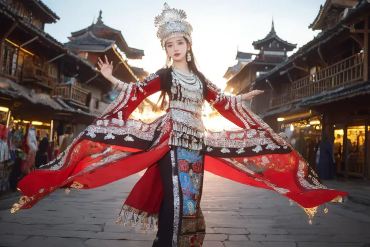 miaoyuansu, sky, dusk, from below, motion blur, fisheye,(dancing),
(masterpiece, top quality, best quality, official art, beautiful and aesthetic:1.2), cinematic light, Dynamic Angle, cinematic angle,Perspective, High Point, high resolution,unity 8k wallpaper, highest detailed,wonder,outline,intricate details,((wallpaper)),photorealistic, realistic,
1girl, solo, skinny,
looking at viewer, horn ornament, hair ornament, hair ribbon, headgear, headwear, long hair, hat, earrings, necklace, bracelet, jewelry, gem, colorful, Miao Silver Phoenix Crown,Miao ethnic clothing,Super complex headwear,Complex headwear,Complex jewelry,Round Silver Necklace, dream like, <lora:åç:0.2> <lora:HmongCostume_HmongHorns:0.4> <lora:miaoyuansu-000009:0.6> <lora:MengX_girl_Mix_V40:0.4>
Miao girl dancing gracefully in the enchanting light of the setting sun, adorned in a traditional Miao outfit with meticulous silver headdress featuring intricate handcrafted patterns, vibrant and elaborately embroidered clothing, an array of ornate jewelry adorned with silver coins
<lora:epiNoiseoffset_v2:0.3> <lora:neg4all_bdsqlsz_V3.5:0.3>