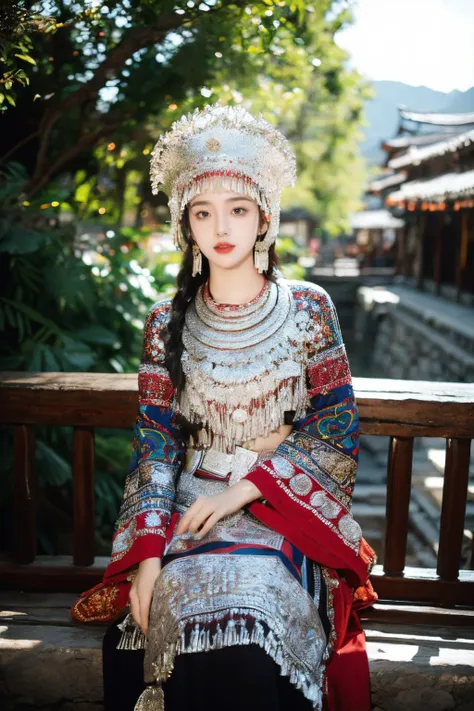 miaoyuansu,(masterpiece, top quality, best quality, official art, beautiful and aesthetic:1.2),cinematic light, Dynamic Angle, Perspective, High Point, high resolution,unity 8k wallpaper, highest detailed,wonder,outline,intricate details,((wallpaper)),photorealistic, realistic,
1girl, solo, skinny
looking at viewer, horn ornament, hair ornament, headgear, headwear, long hair, hat, earrings, necklace, bracelet, long sleeves, jewelry, tassel, gem, full body, colorful, Miao Silver Phoenix Crown,Miao ethnic clothing,Super complex headwear,Complex headwear,Complex jewelry,Round Silver Necklace, dream like, <lora:HmongCostume_HmongHorns:0.4> <lora:èæç¾å¥³v1.0_å¤å¶:0.4>,<lora:miaoyuansu-000009:0.5> <lora:MengX_girl_Mix_V40:0.3>
Miao girl dancing gracefully in the enchanting light of the setting sun, adorned in a traditional Miao outfit with meticulous silver headdress featuring intricate handcrafted patterns, vibrant and elaborately embroidered clothing, an array of ornate jewelry adorned with silver coins
On a secluded path in the Miao village, a Miao girl in simple ethnic attire accentuates her alluring curves under the play of light and shadow. Her ample bust and pert derriere are subtly revealed, exuding an irresistible temptation. Her eyes are deep and flirtatious, with a challenging smile on her lips, as if testing the viewer's self-control. The natural light and shadow intermingle with the colors on her body, creating a mysterious and seductive atmosphere that invites further exploration
<lora:epiNoiseoffset_v2:0.4> <lora:neg4all_bdsqlsz_V3.5:0.5>