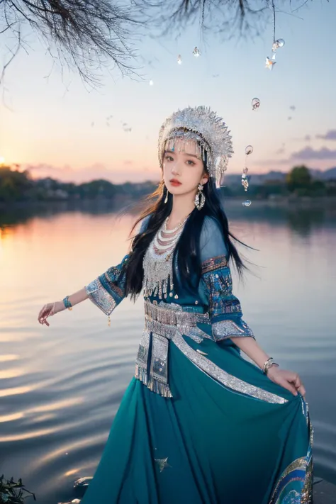 miaoyuansu, sky, dusk, sunlight, fireworks, particles, crystal, water drop, rainbow, wind, glowing, (from below, motion blur, fisheye, dancing),
(masterpiece, top quality, best quality, official art, beautiful and aesthetic:1.2), cinematic light, Dynamic Angle, cinematic angle,Perspective, High Point, high resolution,unity 8k wallpaper, highest detailed,wonder,outline,intricate details,((wallpaper)),photorealistic, realistic,
1girl, solo, skinny, (blue clothes:1.3)
looking at viewer, horn ornament, hair ornament, headgear, headwear, long hair, hat, earrings, necklace, bracelet, jewelry, gem, colorful,cowboy shot, Miao Silver Phoenix Crown,Super complex headwear,Complex headwear,Complex jewelry,Round Silver Necklace, <lora:miaoyuansu-000009:0.9>
Miao girl dancing gracefully in the enchanting light of the setting sun, adorned in a traditional Miao outfit with meticulous silver headdress featuring intricate handcrafted patterns, vibrant and elaborately embroidered clothing, an array of ornate jewelry adorned with silver coins
<lora:epiNoiseoffset_v2:0.5> <lora:neg4all_bdsqlsz_V3.5:0.5> stars in the eyes, messy floating hair, colored inner hair, Starry sky adorns hair, (lots of big colorful Bubble), (pearl), (Galaxy), depth of field,(water bloom), (delicate glow), (breeze), long  Flowers meadow,(((sunset)), (less stars form a circle), randomly distributed clouds, (rivers), (willows with branches falling into the water),
