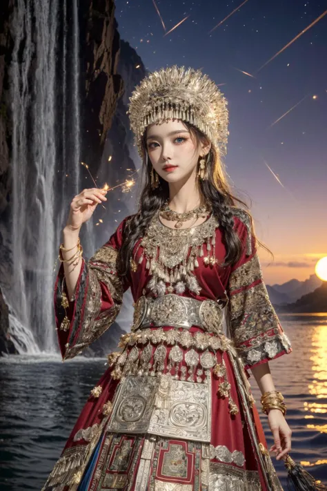 Highest picture quality), (ultra-detailed), (sharp focus), (close-up), (depth of field:1.3), RAW, realistic, (colorful, vivid colors:1.1), (masterpiece), (best quality), photorealistic, absurdres, (highres), BREAK, (1girl), solo, looking at viewer, 20 years old, (detailed skin, detailed face, detailed intricate iris, nice hands, perfect hands:1.3), (intricate details), (maximum details), (delicate), (hand of Guido Daniele:1.4), BREAK, (beautiful detailed glow:1.2), (cinematic lighting), (rim lighting:1.4), (two tone lighting:1.3), (reflection, refraction:1.2), (Rembrandt lighting:1.4), (Rule of thirds:1.3), (light play, shadow play:1.3), (glamour photography, cinematic, film grai, anime aesthetic), (diffused lighting, bokeh, lens flare, light particles:1.2), (dynamic lighting), ray tracing, volumetric lighting, (dramatic lighting), (explosive light and shadow:1.2), (Dynamic Pose, Dynamic Angle:1.2), (moody lighting), BREAK, (miaoyuansu:1.2), (jumping:1.5), open mouth, (happy:1.3), flower, leaf, bamboo, sky, fireworks, (mist:1.2), starry sky, moon, (firefly, water, sunset:1.4), outdoors, (waterfall:1.3), skinny, dream like, long hair, hat, hair ornament, hair ribbon, headgear,earrings, necklace, bracelet, long sleeves, traditional clothes, makeup, jewelry, tassel, gem, cowboy shot, Miao girl dancing gracefully in the enchanting light of the setting sun, adorned in a traditional Miao outfit with meticulous silver headdress featuring intricate handcrafted patterns, vibrant and elaborately embroidered clothing, an array of ornate jewelry adorned with silver coins, landscape, (from below:1.2), (blue eyes:1.4), Perspective, glowing, (wide shot, wide-angle lens, Panoramic:1.2), blurry, blurry foreground, the_best_light, blurry background, (thin, narrow waist, medium breasts, blush:1.2), (dynamic action, motion blur:1.4), (soft light passing through hair, light patterns on skin:1.2), (human anatomy, golden ratio:1.1), BREAK, <lora:GoodHands-beta2:1>, <lora:neg4all_bdsqlsz_V3.5:1>, <lora:epiNoiseoffset_v2-pynoise:2>, <lora:add_detail:0.4>, <lora:more_details:0.4>, <lora:makina69_winter_v2.0.ß1:0.3>, <lora:nevon:0.2>, <lora:FilmVelvia3:0.2>, <lora:hipoly_3dcg_v7-epoch-000012:0.2>, <lora:egyiren-v1:0.3>, egyiren, <lora:miaoyuansu-000010:0.85>