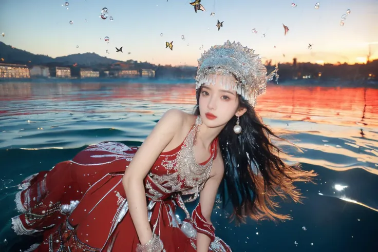 miaoyuansu, sky, dusk, sunlight, fireworks, particles, crystal, water drop, rainbow, wind, glowing, (from below, motion blur, fisheye, dancing),pose,
(masterpiece, top quality, best quality, official art, beautiful and aesthetic:1.2), cinematic light, Dynamic Angle, cinematic angle,Perspective, High Point, high resolution,unity 8k wallpaper, highest detailed,wonder,outline,intricate details,((wallpaper)),photorealistic, realistic,
1girl, solo, skinny,
looking at viewer, horn ornament, hair ornament, headgear, headwear, long hair, hat, earrings, necklace, bracelet, jewelry, gem, colorful,cowboy shot, Miao Silver Phoenix Crown,Super complex headwear,Complex headwear,Complex jewelry,Round Silver Necklace, <lora:miaoyuansu-000009:0.9>
Miao girl dancing gracefully in the enchanting light of the setting sun, adorned in a traditional Miao outfit with meticulous silver headdress featuring intricate handcrafted patterns, vibrant and elaborately embroidered clothing, an array of ornate jewelry adorned with silver coins
<lora:epiNoiseoffset_v2:0.5> <lora:neg4all_bdsqlsz_V3.5:0.5> (starry tornado:1.4), starry Nebula, beautiful detailed sky,walking, waves, wind,(((glistening light of waves))),(detailed sunset glow),(floating flow),((coral)),(Luminous),coast,(floating colorful bubbles),beautiful detailed sky,(fluorescence),detailed shadow,(conch),beautiful detailed water, starfish, meteor, rainbow,(seabirds),(glinting stars), (glowworm),(splash),detailed cloud, shell,(fireworks),beautiful and delicate water, the finest grass, very delicate light, nature, painting, water spray, breeze, flowers and grass meadow, near the water edge, (sunset, starry sky in a circle), randomly distributed clouds, river, splashing water, falling petals,((full body)),(helpless),tear, crying,(((((falling from the sky))))),((Weathering With You)),((falling)),((face towards the sky))ï¼(hair flows upwards),((disheveled hair)),(1 girl), floating, beautiful detailed sky,((Beautiful butterflies in detail)),((Beautiful stars in detail)),(((halter dress ))),particle,(Starry sky in beautiful detail),(Hazy fog),(Ruins of beautiful details),(((Standing on the surface of the sea))),(water bloom), (delicate glow), (breeze), long  Flowers meadow,(((sunset)), (less stars form a circle), randomly distributed clouds, (rivers), (willows with branches falling into the water),stars in the eyes, messy floating hair, colored inner hair, Starry sky adorns hair, (lots of big colorful Bubble), (pearl), (Galaxy), depth of field,stars in the eyes, messy floating hair, colored inner hair, Starry sky adorns hair, depth of field,dynamic angle, detailed wet clothes, blank stare, overexplosure, floating, black long straight, red eyes, aqua eyes, gradient eyes, ((blood)), white dress, frills, ((expressionless)), extremely beautiful detailed water, ((lying on the lake)), (bloodred water:1.5), (red background:1.3),