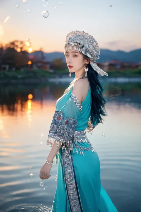miaoyuansu, sky, dusk, sunlight, fireworks, particles, crystal, water drop, rainbow, wind, glowing, (from below, motion blur, fisheye, dancing),
(masterpiece, top quality, best quality, official art, beautiful and aesthetic:1.2), cinematic light, Dynamic Angle, cinematic angle,Perspective, High Point, high resolution,unity 8k wallpaper, highest detailed,wonder,outline,intricate details,((wallpaper)),photorealistic, realistic,
1girl, solo, skinny, (aqua clothes:1.3)
looking at viewer, horn ornament, hair ornament, headgear, headwear, long hair, hat, earrings, necklace, bracelet, jewelry, gem, colorful,cowboy shot, Miao Silver Phoenix Crown,Super complex headwear,Complex headwear,Complex jewelry,Round Silver Necklace, <lora:miaoyuansu-000009:0.9>
Miao girl dancing gracefully in the enchanting light of the setting sun, adorned in a traditional Miao outfit with meticulous silver headdress featuring intricate handcrafted patterns, vibrant and elaborately embroidered clothing, an array of ornate jewelry adorned with silver coins
<lora:epiNoiseoffset_v2:0.5> <lora:neg4all_bdsqlsz_V3.5:0.5> stars in the eyes, messy floating hair, colored inner hair, Starry sky adorns hair, (lots of big colorful Bubble), (pearl), (Galaxy), depth of field,(water bloom), (delicate glow), (breeze), long  Flowers meadow,(((sunset)), (less stars form a circle), randomly distributed clouds, (rivers), (willows with branches falling into the water),
