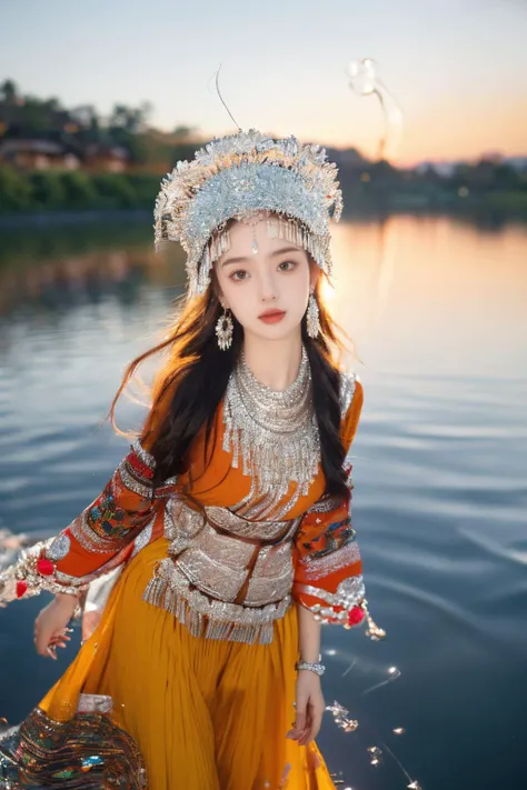 miaoyuansu, sky, dusk, sunlight, fireworks, particles, crystal, water drop, rainbow, wind, glowing, (from below, motion blur, fisheye, dancing),
(masterpiece, top quality, best quality, official art, beautiful and aesthetic:1.2), cinematic light, Dynamic Angle, cinematic angle,Perspective, High Point, high resolution,unity 8k wallpaper, highest detailed,wonder,outline,intricate details,((wallpaper)),photorealistic, realistic,
1girl, solo, skinny, (orange clothes:1.3)
looking at viewer, horn ornament, hair ornament, headgear, headwear, long hair, hat, earrings, necklace, bracelet, jewelry, gem, colorful,cowboy shot, Miao Silver Phoenix Crown,Super complex headwear,Complex headwear,Complex jewelry,Round Silver Necklace, <lora:miaoyuansu-000009:0.9>
Miao girl dancing gracefully in the enchanting light of the setting sun, adorned in a traditional Miao outfit with meticulous silver headdress featuring intricate handcrafted patterns, vibrant and elaborately embroidered clothing, an array of ornate jewelry adorned with silver coins
<lora:epiNoiseoffset_v2:0.5> <lora:neg4all_bdsqlsz_V3.5:0.5> stars in the eyes, messy floating hair, colored inner hair, Starry sky adorns hair, (lots of big colorful Bubble), (pearl), (Galaxy), depth of field,(water bloom), (delicate glow), (breeze), long  Flowers meadow,(((sunset)), (less stars form a circle), randomly distributed clouds, (rivers), (willows with branches falling into the water),