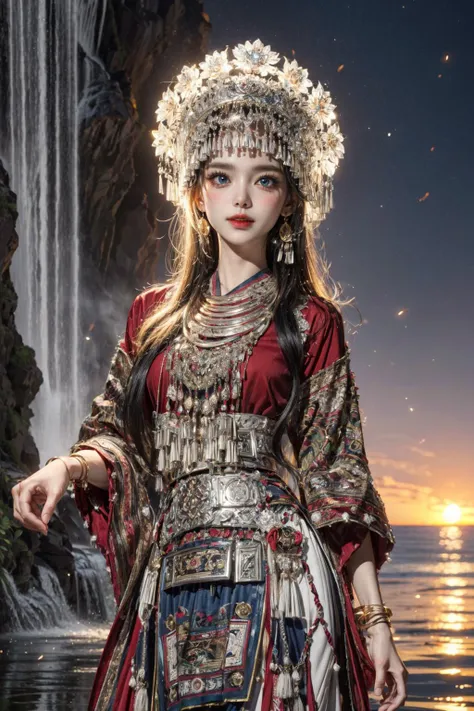 Highest picture quality), (ultra-detailed), (sharp focus), (close-up), (depth of field:1.3), RAW, realistic, (colorful, vivid colors:1.1), (masterpiece), (best quality), photorealistic, absurdres, (highres), BREAK, (1girl), solo, looking at viewer, 20 years old, (detailed skin, detailed face, detailed intricate iris, nice hands, perfect hands:1.3), (intricate details), (maximum details), (delicate), (hand of Guido Daniele:1.4), BREAK, (beautiful detailed glow:1.2), (cinematic lighting), (rim lighting:1.4), (two tone lighting:1.3), (reflection, refraction:1.2), (Rembrandt lighting:1.4), (Rule of thirds:1.3), (light play, shadow play:1.3), (glamour photography, cinematic, film grai, anime aesthetic), (diffused lighting, bokeh, lens flare, light particles:1.2), (dynamic lighting), ray tracing, volumetric lighting, (dramatic lighting), (explosive light and shadow:1.2), (Dynamic Pose, Dynamic Angle:1.2), (moody lighting), BREAK, (miaoyuansu:1.2), (jumping:1.5), open mouth, (happy:1.3), flower, leaf, bamboo, sky, fireworks, (mist:1.2), starry sky, moon, (firefly, water, sunset:1.4), outdoors, (waterfall:1.3), skinny, dream like, long hair, hat, hair ornament, hair ribbon, headgear,earrings, necklace, bracelet, long sleeves, traditional clothes, makeup, jewelry, tassel, gem, cowboy shot, Miao girl dancing gracefully in the enchanting light of the setting sun, adorned in a traditional Miao outfit with meticulous silver headdress featuring intricate handcrafted patterns, vibrant and elaborately embroidered clothing, an array of ornate jewelry adorned with silver coins, landscape, (from below:1.2), (blue eyes:1.4), Perspective, glowing, (wide shot, wide-angle lens, Panoramic:1.2), blurry, blurry foreground, the_best_light, blurry background, (thin, narrow waist, medium breasts, blush:1.2), (dynamic action, motion blur:1.4), (soft light passing through hair, light patterns on skin:1.2), (human anatomy, golden ratio:1.1), BREAK, <lora:GoodHands-beta2:1>, <lora:neg4all_bdsqlsz_V3.5:1>, <lora:epiNoiseoffset_v2-pynoise:2>, <lora:add_detail:0.4>, <lora:more_details:0.4>, <lora:makina69_winter_v2.0.ß1:0.3>, <lora:nevon:0.2>, <lora:FilmVelvia3:0.2>, <lora:hipoly_3dcg_v7-epoch-000012:0.2>, <lora:egyiren-v1:0.3>, egyiren, <lora:miaoyuansu-000010:0.85>