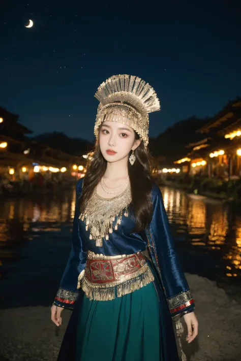 miaoyuansu, starry sky, fireworks, moon, firefly,
(masterpiece, top quality, best quality, official art, beautiful and aesthetic:1.2),cinematic light, Dynamic Angle, Perspective, High Point, high resolution,unity 8k wallpaper, highest detailed,wonder,outline,intricate details,((wallpaper)),photorealistic, realistic, motion blur,
1girl, solo, skinny, <lora:åç:0.1> <lora:miaoyuansu-000010:0.85> (black:1.2)
looking at viewer, long hair, brown eyes, hat, hair ornament, hair ribbon, headgear,earrings, necklace, bracelet, long sleeves, traditional clothes, makeup, jewelry, tassel, gem, cowboy shot, colorful,
On a secluded path in the Miao village, a Miao girl in simple ethnic attire accentuates her alluring curves under the play of light and shadow. Her ample bust and pert derriere are subtly revealed, exuding an irresistible temptation. Her eyes are deep and flirtatious, with a challenging smile on her lips, as if testing the viewer's self-control. The natural light and shadow intermingle with the colors on her body, creating a mysterious and seductive atmosphere that invites further exploration
<lora:epiNoiseoffset_v2:0.3> <lora:neg4all_bdsqlsz_V3.5:0.3>