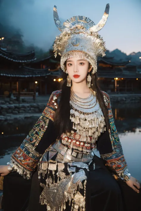 miaoyuansu,(masterpiece, top quality, best quality, official art, beautiful and aesthetic:1.2),cinematic light, Dynamic Angle, Perspective, High Point, high resolution,unity 8k wallpaper, highest detailed,wonder,outline,intricate details,((wallpaper)),photorealistic, realistic, from below, sky, dusk, mist,dusk,
1girl, solo, skinny
looking at viewer, horn ornament, hair ornament, headgear, headwear, long hair, hat, earrings, necklace, bracelet, long sleeves, jewelry, tassel, gem, full body, colorful, Miao Silver Phoenix Crown,Miao ethnic clothing,Super complex headwear,Complex headwear,Complex jewelry,Round Silver Necklace, dream like, <lora:HmongCostume_HmongHorns:0.4> <lora:èæç¾å¥³v1.2:0.4><lora:HmongCostume_HmongBlack:0.3><lora:miaoyuansu-000009:0.5> <lora:MengX_girl_Mix_V40:0.4>
Miao girl dancing gracefully in the enchanting light of the setting sun, adorned in a traditional Miao outfit with meticulous silver headdress featuring intricate handcrafted patterns, vibrant and elaborately embroidered clothing, an array of ornate jewelry adorned with silver coins
<lora:epiNoiseoffset_v2:0.4> <lora:neg4all_bdsqlsz_V3.5:0.5>