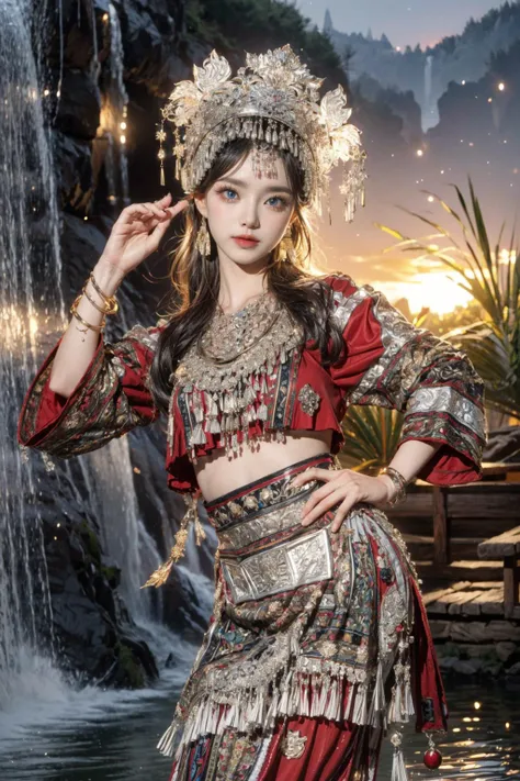 Highest picture quality), (ultra-detailed), (sharp focus), (close-up), (depth of field:1.3), RAW, realistic, (colorful, vivid colors:1.1), (masterpiece), (best quality), photorealistic, absurdres, (highres), BREAK, (1girl), solo, looking at viewer, 20 years old, (detailed skin, detailed face, detailed intricate iris, nice hands, perfect hands:1.3), (intricate details), (maximum details), (delicate), (hand of Guido Daniele:1.4), BREAK, (beautiful detailed glow:1.2), (cinematic lighting), (rim lighting:1.4), (two tone lighting:1.3), (reflection, refraction:1.2), (Rembrandt lighting:1.4), (Rule of thirds:1.3), (light play, shadow play:1.3), (glamour photography, cinematic, film grai, anime aesthetic), (diffused lighting, bokeh, lens flare, light particles:1.2), (dynamic lighting), ray tracing, volumetric lighting, (dramatic lighting), (explosive light and shadow:1.2), (Dynamic Pose, Dynamic Angle:1.2), (moody lighting), BREAK, (miaoyuansu:1.2), (jumping:1.5), open mouth, (happy:1.3), flower, leaf, bamboo, sky, fireworks, (mist:1.2), starry sky, moon, (firefly, water, sunset:1.4), outdoors, (waterfall:1.3), skinny, dream like, long hair, hat, hair ornament, hair ribbon, headgear,earrings, necklace, bracelet, long sleeves, traditional clothes, makeup, jewelry, tassel, gem, cowboy shot, Miao girl dancing gracefully in the enchanting light of the setting sun, adorned in a traditional Miao outfit with meticulous silver headdress featuring intricate handcrafted patterns, vibrant and elaborately embroidered clothing, an array of ornate jewelry adorned with silver coins, landscape, (from below:1.2), (blue eyes:1.4), Perspective, glowing, (wide shot, wide-angle lens, Panoramic:1.2), blurry, blurry foreground, the_best_light, blurry background, (thin, narrow waist, medium breasts, blush:1.2), (dynamic action, motion blur:1.4), (soft light passing through hair, light patterns on skin:1.2), (human anatomy, golden ratio:1.1), BREAK, <lora:GoodHands-beta2:1>, <lora:neg4all_bdsqlsz_V3.5:1>, <lora:epiNoiseoffset_v2-pynoise:2>, <lora:add_detail:0.4>, <lora:more_details:0.4>, <lora:makina69_winter_v2.0.ß1:0.3>, <lora:nevon:0.2>, <lora:FilmVelvia3:0.2>, <lora:hipoly_3dcg_v7-epoch-000012:0.2>, <lora:egyiren-v1:0.3>, egyiren, <lora:miaoyuansu-000010:0.85>