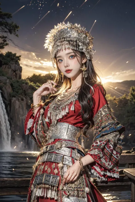 Highest picture quality), (ultra-detailed), (sharp focus), (close-up), (depth of field:1.3), RAW, realistic, (colorful, vivid colors:1.1), (masterpiece), (best quality), photorealistic, absurdres, (highres), BREAK, (1girl), solo, looking at viewer, 20 years old, (detailed skin, detailed face, detailed intricate iris, nice hands, perfect hands:1.3), (intricate details), (maximum details), (delicate), (hand of Guido Daniele:1.4), BREAK, (beautiful detailed glow:1.2), (cinematic lighting), (rim lighting:1.4), (two tone lighting:1.3), (reflection, refraction:1.2), (Rembrandt lighting:1.4), (Rule of thirds:1.3), (light play, shadow play:1.3), (glamour photography, cinematic, film grai, anime aesthetic), (diffused lighting, bokeh, lens flare, light particles:1.2), (dynamic lighting), ray tracing, volumetric lighting, (dramatic lighting), (explosive light and shadow:1.2), (Dynamic Pose, Dynamic Angle:1.2), (moody lighting), BREAK, (miaoyuansu:1.2), (jumping:1.5), open mouth, (happy:1.3), flower, leaf, bamboo, sky, fireworks, (mist:1.2), starry sky, moon, (firefly, water, sunset:1.4), outdoors, (waterfall:1.3), skinny, dream like, long hair, hat, hair ornament, hair ribbon, headgear,earrings, necklace, bracelet, long sleeves, traditional clothes, makeup, jewelry, tassel, gem, cowboy shot, Miao girl dancing gracefully in the enchanting light of the setting sun, adorned in a traditional Miao outfit with meticulous silver headdress featuring intricate handcrafted patterns, vibrant and elaborately embroidered clothing, an array of ornate jewelry adorned with silver coins, landscape, (from below:1.2), (blue eyes:1.4), Perspective, glowing, (wide shot, wide-angle lens, Panoramic:1.2), blurry, blurry foreground, the_best_light, blurry background, (thin, narrow waist, medium breasts, blush:1.2), (dynamic action, motion blur:1.4), (soft light passing through hair, light patterns on skin:1.2), (human anatomy, golden ratio:1.1), BREAK, <lora:GoodHands-beta2:1>, <lora:neg4all_bdsqlsz_V3.5:1>, <lora:epiNoiseoffset_v2-pynoise:2>, <lora:add_detail:0.4>, <lora:more_details:0.4>, <lora:makina69_winter_v2.0.ß1:0.3>, <lora:nevon:0.2>, <lora:FilmVelvia3:0.2>, <lora:hipoly_3dcg_v7-epoch-000012:0.2>, <lora:egyiren-v1:0.3>, egyiren, <lora:miaoyuansu-000010:0.85>