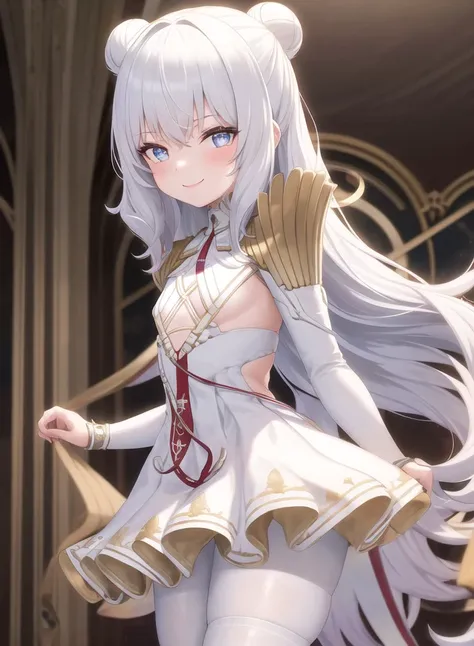 1girl,masterclass,best quality, ultra-detailed, illustration,indoors, smile,small breasts,cowboy shot, double bun, underboob cutout, white dress, white pantyhose, LeMalinDefault, pauldrons, epaulettes, pleated dress <lora:LeMalin_V6_8dim_e6:1>