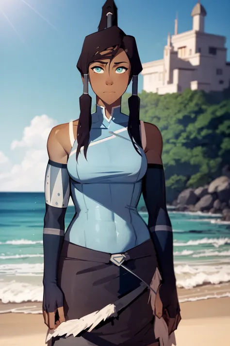 masterpiece, best quality, 1 fgirl, korra, toned, dark skin, ponytail, topknot, looking at viewer, upper body, beach background, sunshine, sky, cloud, (cyan eyes:0.6)