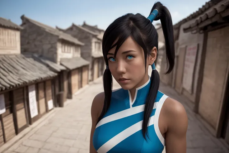 masterpiece, best quality, 1girl, photo of realistic korra, dark skin, dark-skinned, ponytail, hair tubes, looking at viewer, parted lips, cyan eyes, sexy pose, medieval chinese city, medieval city background <lora:KorraV2:1>