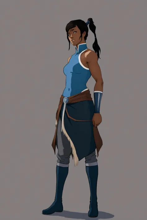 masterpiece, best quality, 1girl, photo of realistic dark skin girl, korra, ponytail, looking at viewer, full body, black background, (cyan eyes:0.8) <lora:KorraV2:1>