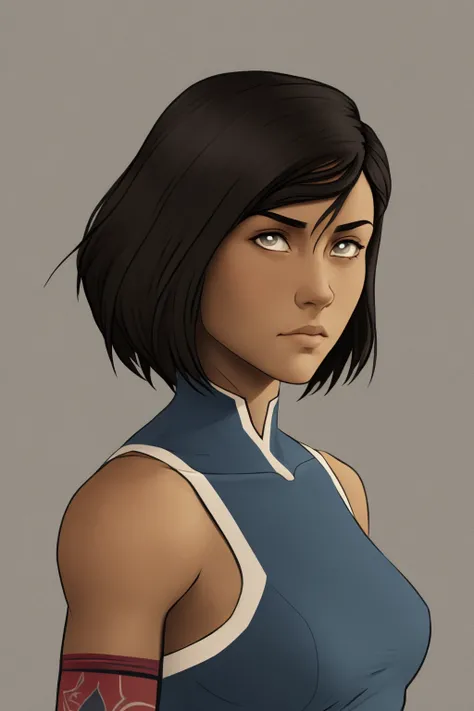masterpiece, best quality, 1girl, photo of realistic dark skinned girl, korra, alternate hair length, short hair, looking at viewer, upper body, floating hair, black background <lora:KorraV2:1>