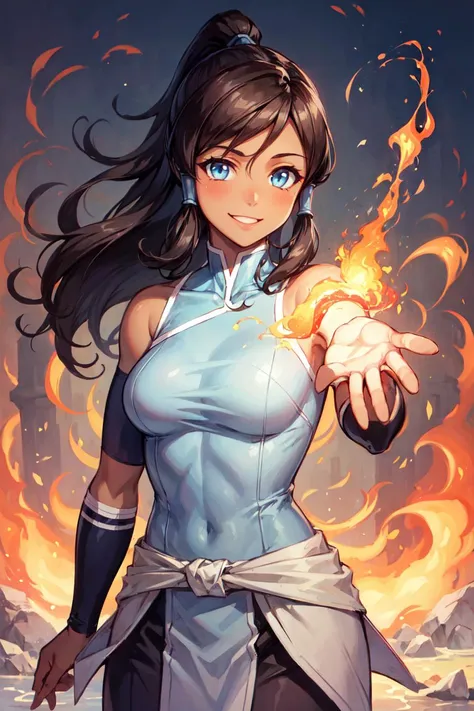 masterpiece, best quality, 1girl, korra, casting fire and water, solo, dark skin, blue eyes, brown hair, dark-skinned female, fire, hair tubes, water, ponytail, long hair, topknot, breasts, bare shoulders, smile <lora:KorraV2:.5> <lora:add_detail:0.3> <lora:hipoly3DModelLora_v20:0.3>  <lora:RSERomantic_RSESofiko_RSEEmma-v1:0.3>