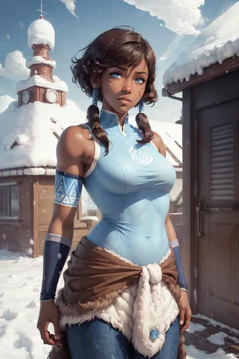 (best quality), (cartoon-style), (best illustration), (best shadow), masterpiece, high res, (1girl, solo), korra, (dark skin:1.2, brown skin:1.2, brown hair, hair tubes, blue eyes:1.5), masterpiece, best quality, photo of korra, alternate hair length, floating hair, ((short hair)), winter storm, Antarctica <lora:KorraV2:.6> <lora:add_detail:0.3> <lora:hipoly3DModelLora_v20:0.2> <lora:RSERomantic_RSESofiko_RSEEmma-v1:0.3>