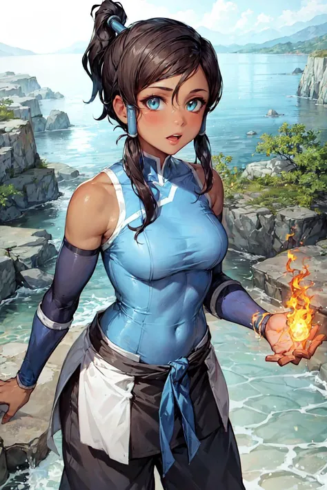 masterpiece, best quality, 1girl, korra, bending water, solo, dark-skin, blue eyes, brown hair, dark-skinned, female, fire, hair tubes, water, ponytail, long hair, topknot, breasts, bare shoulders, <lora:KorraV2:.6> <lora:add_detail:0.3> <lora:hipoly3DModelLora_v20:0.2> <lora:RSERomantic_RSESofiko_RSEEmma-v1:0.3>