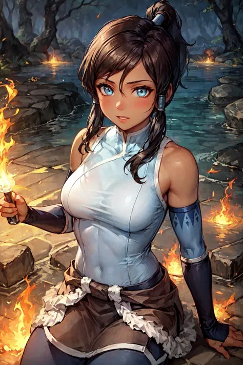 masterpiece, best quality, 1girl, korra, casting fire and water, solo, dark skin, blue eyes, brown hair, dark-skinned female, fire, hair tubes, water, ponytail, long hair, topknot, breasts, bare shoulders, <lora:KorraV2:.6> <lora:add_detail:0.3> <lora:hipoly3DModelLora_v20:0.2> <lora:RSERomantic_RSESofiko_RSEEmma-v1:0.3>