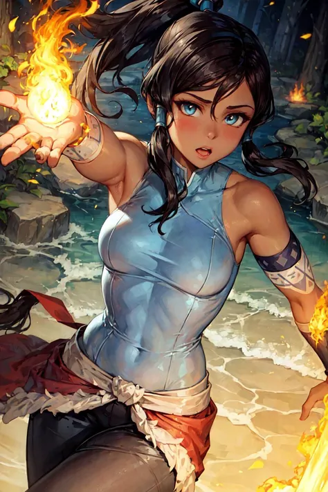 masterpiece, best quality, 1girl, korra, casting fire and water, solo, dark skin, blue eyes, brown hair, dark-skinned female, fire, hair tubes, water, ponytail, long hair, topknot, breasts, bare shoulders, <lora:KorraV2:.6> <lora:add_detail:0.3> <lora:hipoly3DModelLora_v20:0.2> <lora:RSERomantic_RSESofiko_RSEEmma-v1:0.3>