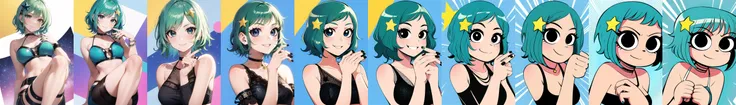 <lora:RamonaFlowers:0.1>, ramona_flowers, 1girl, solo, smile, short hair, hair ornament, jewelry, green hair, star (symbol), nail polish, black eyes, clenched hands, blue nails, emphasis lines, star hair ornament