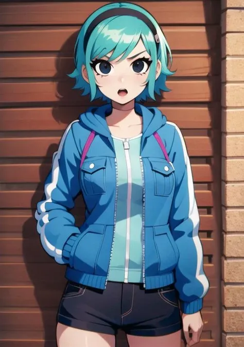 <lora:RamonaFlowers:0.7>,ramona_flowers, 1girl, solo, looking at viewer, short hair, open mouth, holding, jacket,  hairband, outdoors, hood, black eyes, two-tone hair,aqua hair,