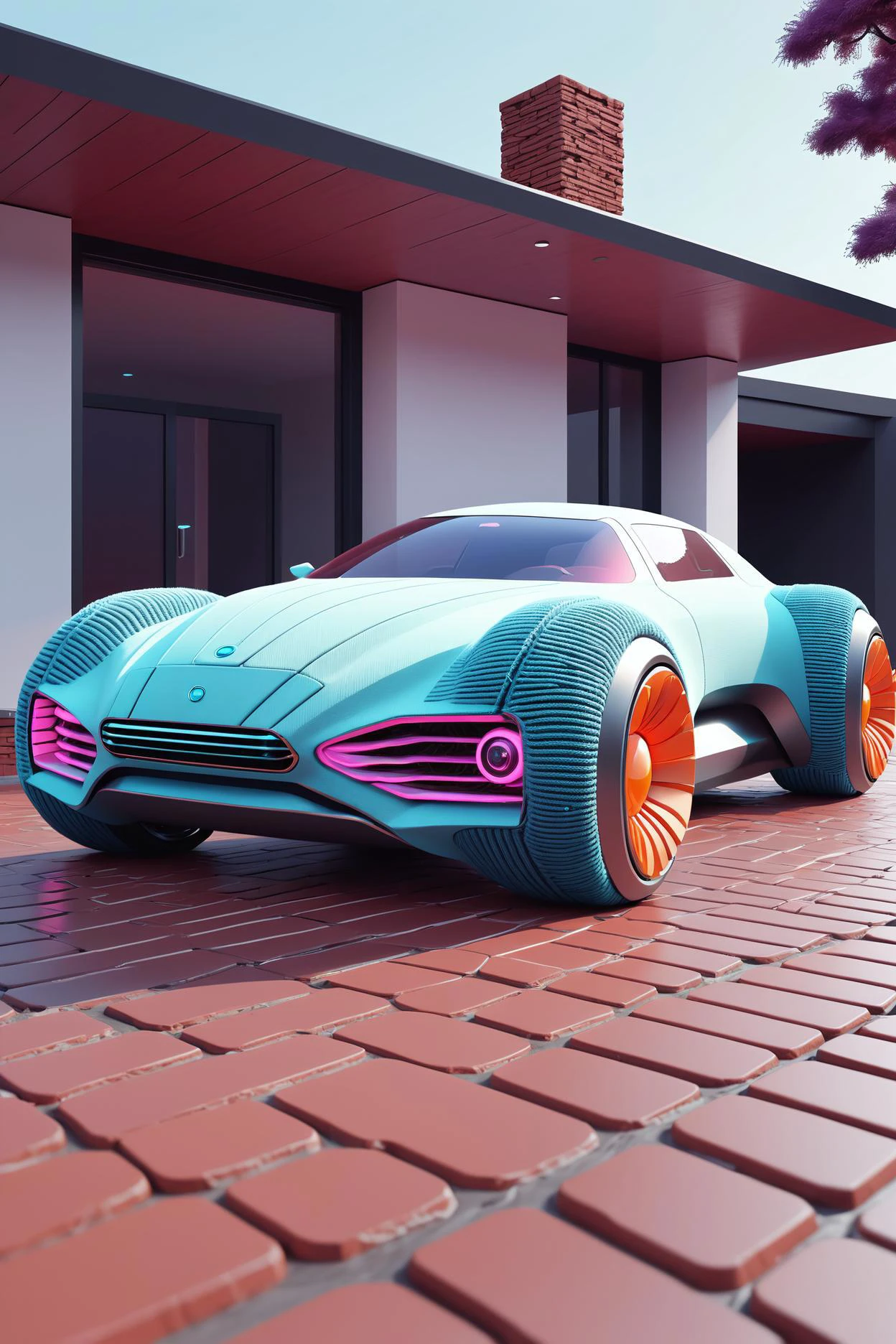 everything is knitted, made of yarn, knitted artworks inspired by futuristic car parked in front of a house on a brick driveway, a digital rendering inspired by zha shibiao, trending on cg society, retrofuturism, futuristic product car shot, future locomotive style, futuristic vehicle. use bold colors, different knitting techniques, and textured yarns to evoke the emotions and essence of the artwork