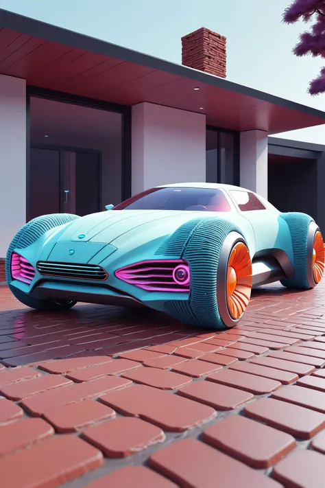 everything is knitted, made of yarn, knitted artworks inspired by futuristic car parked in front of a house on a brick driveway, a digital rendering inspired by zha shibiao, trending on cg society, retrofuturism, futuristic product car shot, future locomotive style, futuristic vehicle. use bold colors, different knitting techniques, and textured yarns to evoke the emotions and essence of the artwork