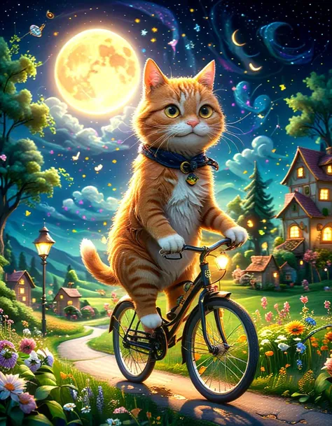 from side, anthropomorphic cat riding bicycle in scenic countryside, 8k, hdr, vibrant, extremely detailed, at night, twinkle stars, storybook style, big smile,