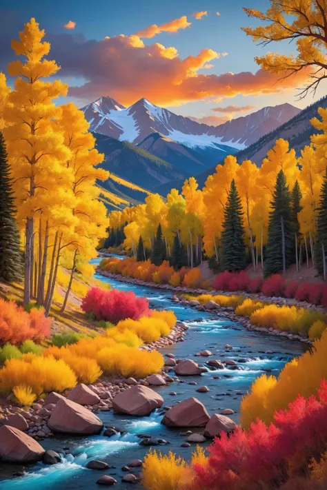 ghost story style a view of a mountain range with a river and trees in the foreground, colorado mountains, extraordinary colorful landscape, autumn mountains, scenic colorful environment, majestic nature scenery, an amazing landscape image, beautifully lit landscape, colorado, rich picturesque colors, scenic mountain setting, warm beautiful scene, breathtaking composition, colorful scene, award winning landscape photo, autumn lights colors, setting in nature . spectral figures, chilling whispers, unresolved past events, eerie silence