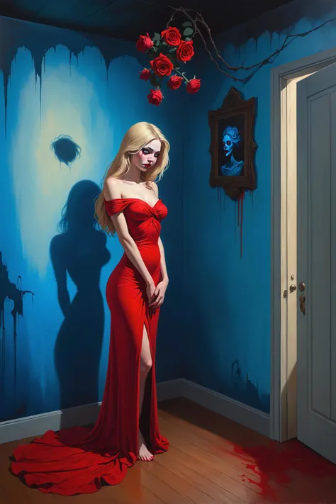 experimental film style in the heart of a dimly lit room, a woman dressed in a vibrant red gown stands with an eerie smile on her face. her blonde hair cascades down her shoulders, contrasting against the stark blue wall behind her. the wooden floor beneath her feet creaks ominously as she approaches. the atmosphere is tense and foreboding, amplified by the painting hanging on the wall. it depicts another woman, also clad in a striking red dress, who seems to be trapped within a nightmarish landscape. the distorted features of this figure add to the unsettling ambiance. a vase filled with twisted roses sits on a nearby table, their petals wilting as if whispering tales of past events. as the woman's hand reaches out for one of the roses, it becomes clear that something sinister lurks beneath her poised demeanor. suddenly, the door slams shut with a deafening bang, sending a chill down your spine. you realize too late that you are not alone in this room with the woman, as her eyes, once warm and inviting, now glow with an otherworldly light, revealing her true nature as a malevolent spirit seeking its next victim. . non linear narratives, abstract concepts, innovative visual techniques, avant garde themes