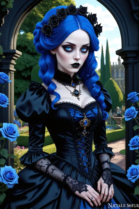 royalcore aesthetic arafed woman with blue hair and a black dress in a garden, gothic royalty portrait, natalie shau, an elegant gothic royalty, floralpunk elysian maiden, gothic maiden, dreamy gothic woman, dark goth queen, natalie shau tom bagshaw, gothic fantasy art, creepy gothic portrait, pale goth beauty, dark goth queen with blue eyes, victorian gothic, vector art by michael ford, trending on deviantart, photorealism, style of gta v artworks, photorealistic perfect, realistic . regal, opulent, historical, rich colors, highly detailed